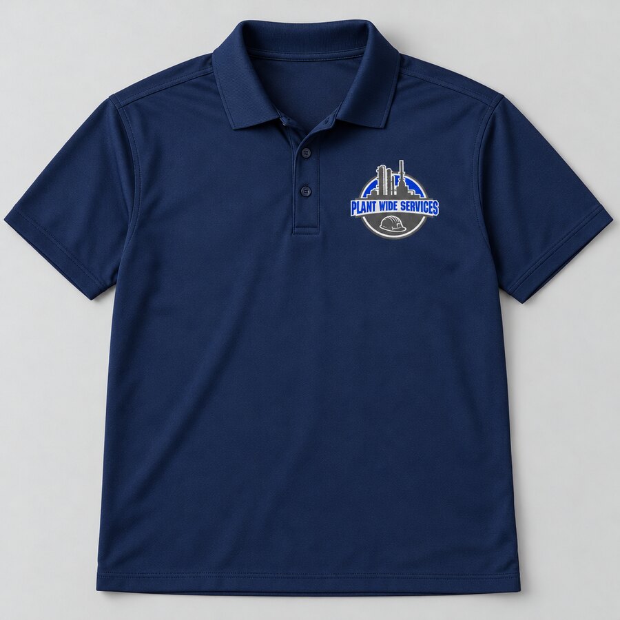 A navy polo with the Plant Wide Services logo on the left chest