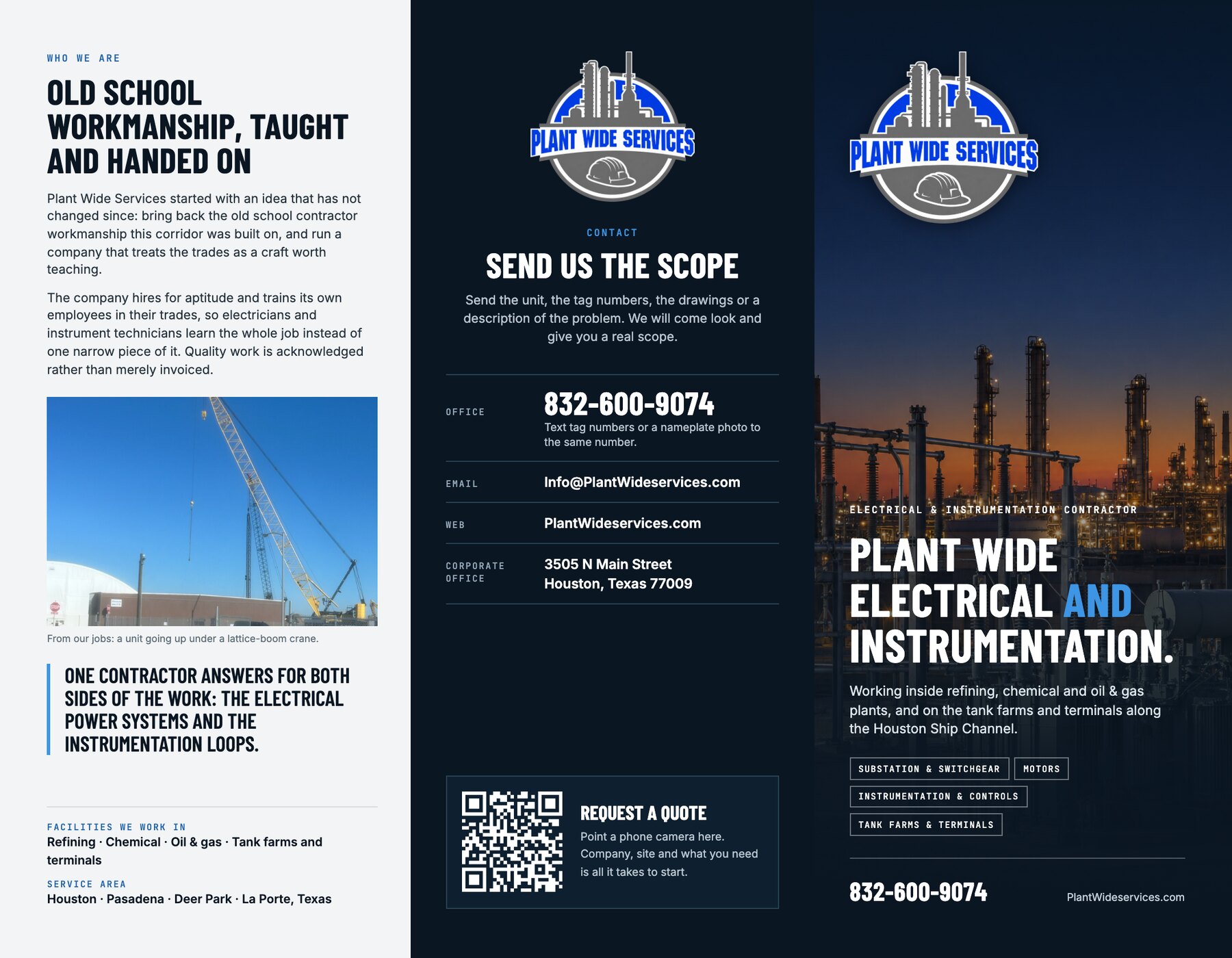 The outside of the Plant Wide Services tri-fold brochure