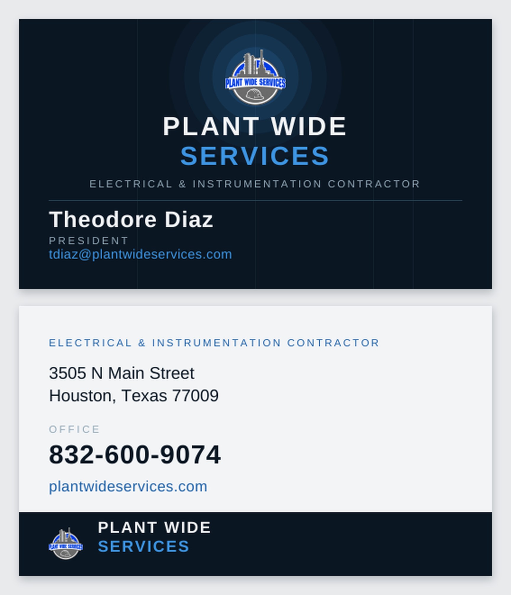 The front and the back of the Theodore Diaz business card for Plant Wide Services